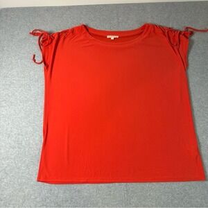 Claudia Richard Womens Red Lace Up Shoulder Short Sleeve Top 1X Plus Size